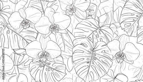 Black and white line art depicting a tropical pattern. It includes orchid flowers and Swiss cheese plant leaves arranged densely