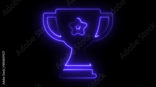 Glowing neon trophy on book animation achievement education knowledge and success on black background. emergence, event, fade, flicker, game, glow, goblet, 