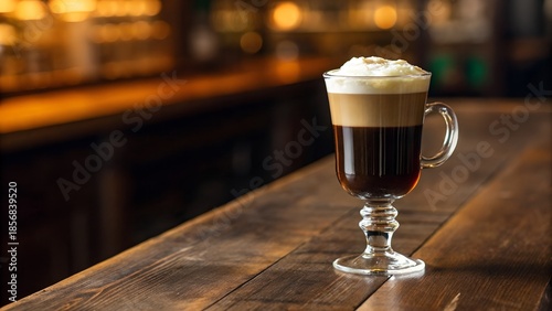Irish Coffee Drink with Whipped Cream Topping on a Wooden Bar Counter with Soft Bokeh Background