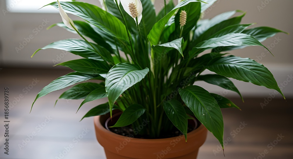 Fototapeta premium Lush Peace Lily in Terracotta Pot - Vibrant Green Leaves and Elegant White Blooms.