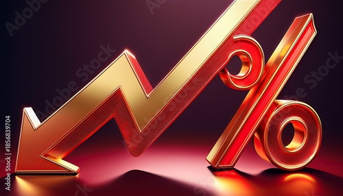 stunning golden arrow curves downward beside vibrant red percentage sign symbolizing financial decline or reduced costs