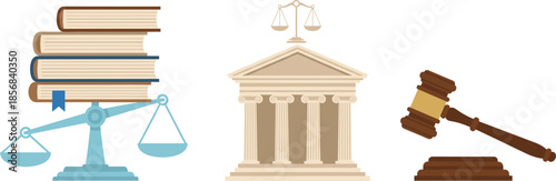 Law and justice vector illustration set featuring legal books on scales of justice courthouse building with scales and judge gavel isolated on white background