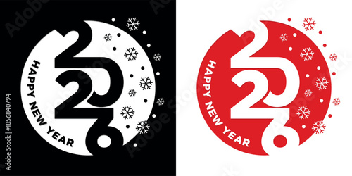 2026 Happy new year round logo. Vector template of cover design for your greetings card, calendar, invitation, brochure, poster on transparent and black background