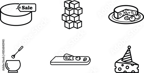 Black and white line drawing of food and sale icons on white background