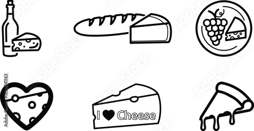 Black and white line drawing of various cheese related icons on transparent background