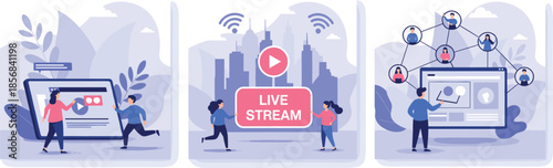 Live stream and social media connection vector illustration set with tiny people broadcasting video content and connecting through global networks for digital marketing concept