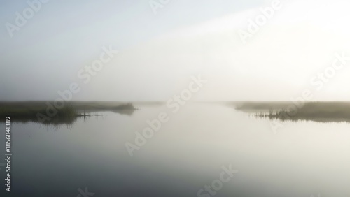 Serene morning mist over calm waters