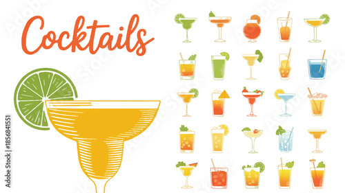 Creative sketch illustration of classic and modern cocktails in grid composition, bold outlines, bright colors, trendy bar art, minimal backdrop.