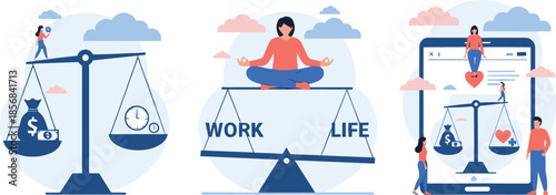 Work life balance vector illustration set with people balancing career and personal life using scales for time management professional growth and mental health wellness