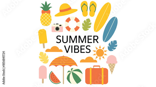 Vibrant summer vibes illustration featuring bright colors, beach symbols, sunshine, tropical fruits, and modern flat design with black summer vibes typography
