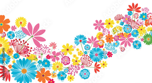 Vibrant floral wave pattern featuring many different colorful spring flowers across a white horizontal background space.