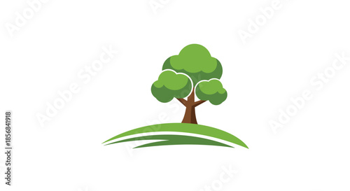 Peaceful nature landscape featuring a large green leafy tree standing alone on a grassy hill against a white background.