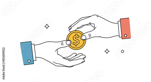 Business transaction concept showing two hands exchanging a gold dollar coin representing payment or financial trade.