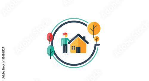 Real estate or home insurance concept featuring a person standing next to a house inside an organic circular border.
