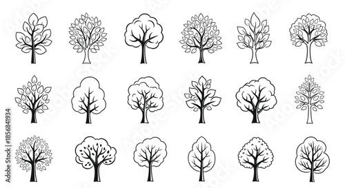 Large collection of diverse tree species outlines and silhouettes in black and white for landscape design projects.