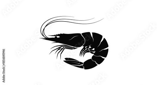 Detailed black silhouette of a single shrimp or prawn isolated on a white background for seafood restaurant menus.
