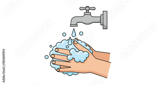 Illustration of hands being washed with soap bubbles under a water tap to represent hygiene and virus prevention.