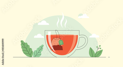 Cozy illustration of a glass tea cup filled with red tea and a steeping tea bag on a soft green background.
