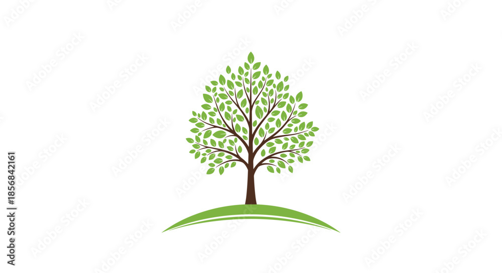 Obraz premium Beautiful stylized green tree with many small leaves standing on a soft grassy hill against a plain white background.