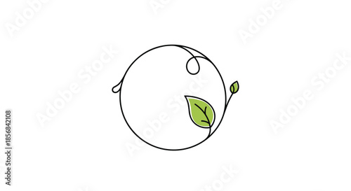 Minimalist logo design consisting of a thin black circular outline with a single green leaf and a tiny bud on a plain white background.