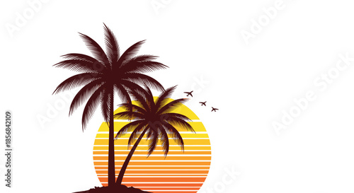 Tropical landscape at dusk featuring the dark silhouettes of palm trees against a large stylized orange and yellow striped sun.