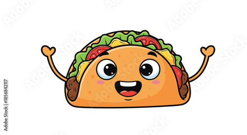 Adorable cartoon taco character with large expressive eyes and a happy smile raising its hands in celebration on a white background.