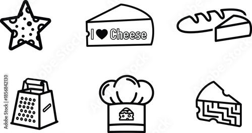 Black line icons of cheese products and kitchen utensils on white background