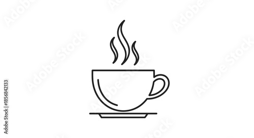 Minimalist black and white line art illustration of a steaming cup of coffee sitting on a saucer for cafe and morning themes.