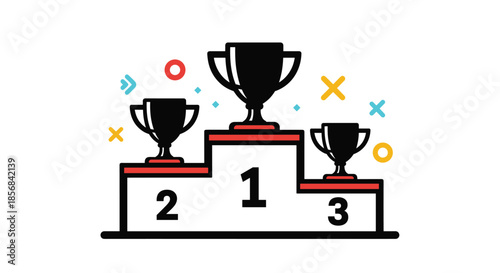 Sports winners podium with three black trophies labeled one two and three surrounded by colorful abstract confetti shapes.