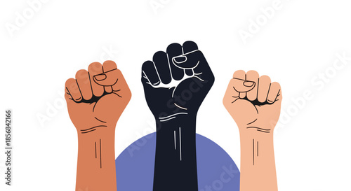 Powerful illustration of three raised fists with different skin tones representing unity strength and the fight for social justice.