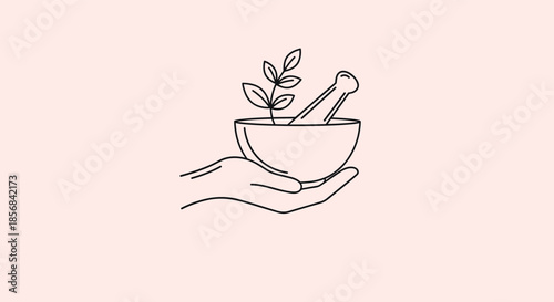 Line art illustration of a hand gently holding a mortar and pestle with a small green plant branch growing from the bowl.