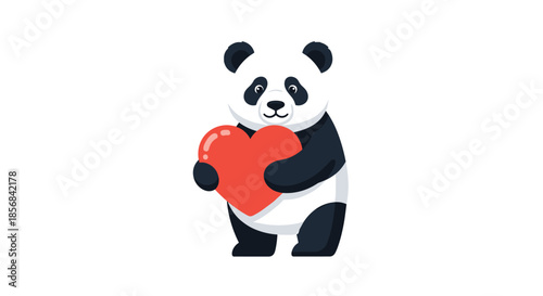 Cute cartoon panda standing on two legs and holding a large bright red heart in its paws as a symbol of love and affection.