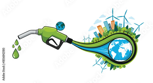 Creative green energy concept showing a fuel nozzle with green drops connected to a winding path with trees windmills and a city.