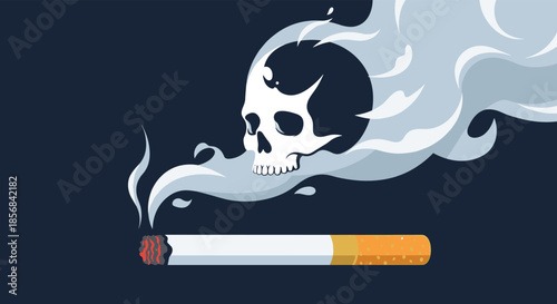 Dark anti-smoking message illustration showing a lit cigarette with smoke forming the shape of a human skull against a dark blue.