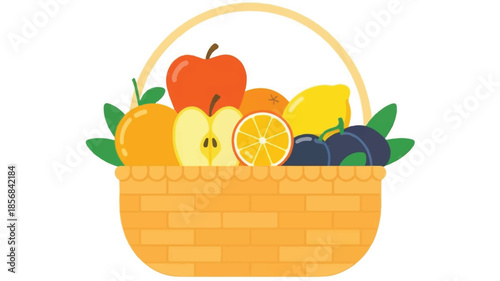 digital illustration of a woven wooden basket filled with fresh colorful fruits, clean white background, realistic lighting, minimal modern style