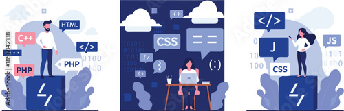 Web programming and software development vector illustration set with programmers coding in HTML CSS PHP Javascript and C plus plus for technology project concept