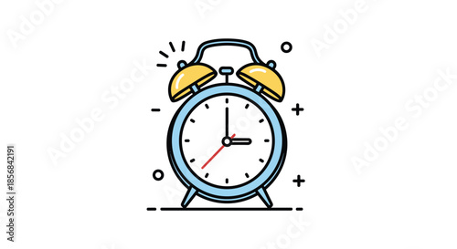 Light blue twin bell alarm clock with yellow bells and a white face showing the time surrounded by small decorative icons.