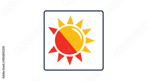 Solar power icon showing a sun with red and yellow halves inside a square border representing heat and light energy.