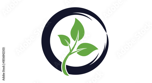 Modern nature logo showing a green plant with three leaves growing inside a stylized dark circular frame outline.