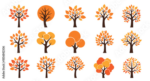 Grid of various tree icons with orange and yellow autumn leaves representing the fall season and forest diversity.