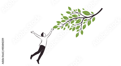Artistic conceptual illustration of a person reaching towards a green leafy branch for growth and inspiration.
