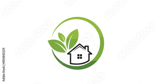 Eco friendly real estate logo with three green leaves and a house silhouette enclosed in a circular border.