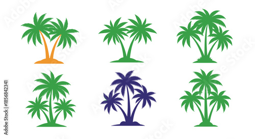 Set of palm tree icons in different styles and colors perfect for travel, vacation, and tropical beach themes.
