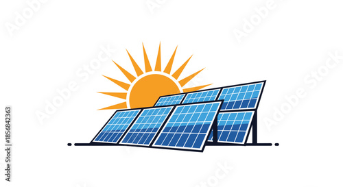 Renewable energy illustration featuring blue solar panels and a rising sun for sustainable power generation.