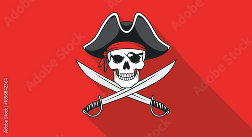 Classic pirate jolly roger illustration with a skull in a captain hat over crossed swords on a red background.