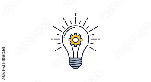 Creative thinking and innovation concept featuring a glowing light bulb with a gear inside for industrial engineering ideas.