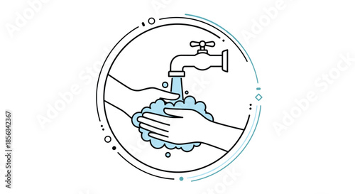 Hygiene concept icon showing hands being washed under a water faucet with soap suds for health protection.
