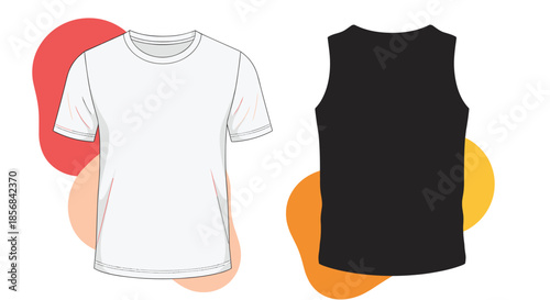 Clothing mockup presentation featuring a white crew neck t-shirt and a black sleeveless tank top on colors.