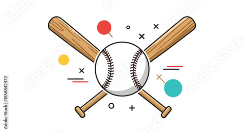 Professional baseball sports equipment featuring a ball and two crossed wooden bats for athletic competition and games.