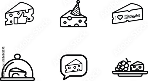 Black line icons of cheese slices and cheese plates with grapes and party hat